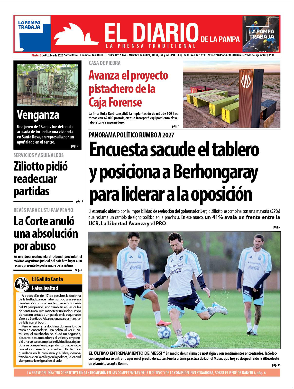 Tapa de El Diario en papel  martes 06 de octubre de 2026